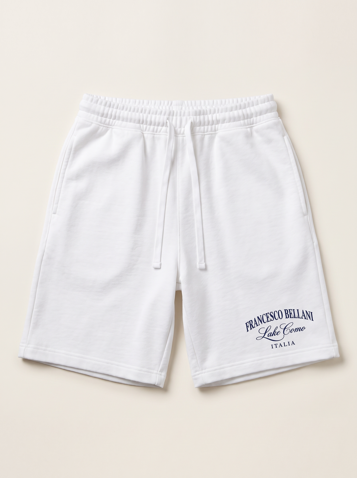 Laglio Jersey Short in white, front view, with the Francesco Bellani Lake Como Italia mark printed at the left leg