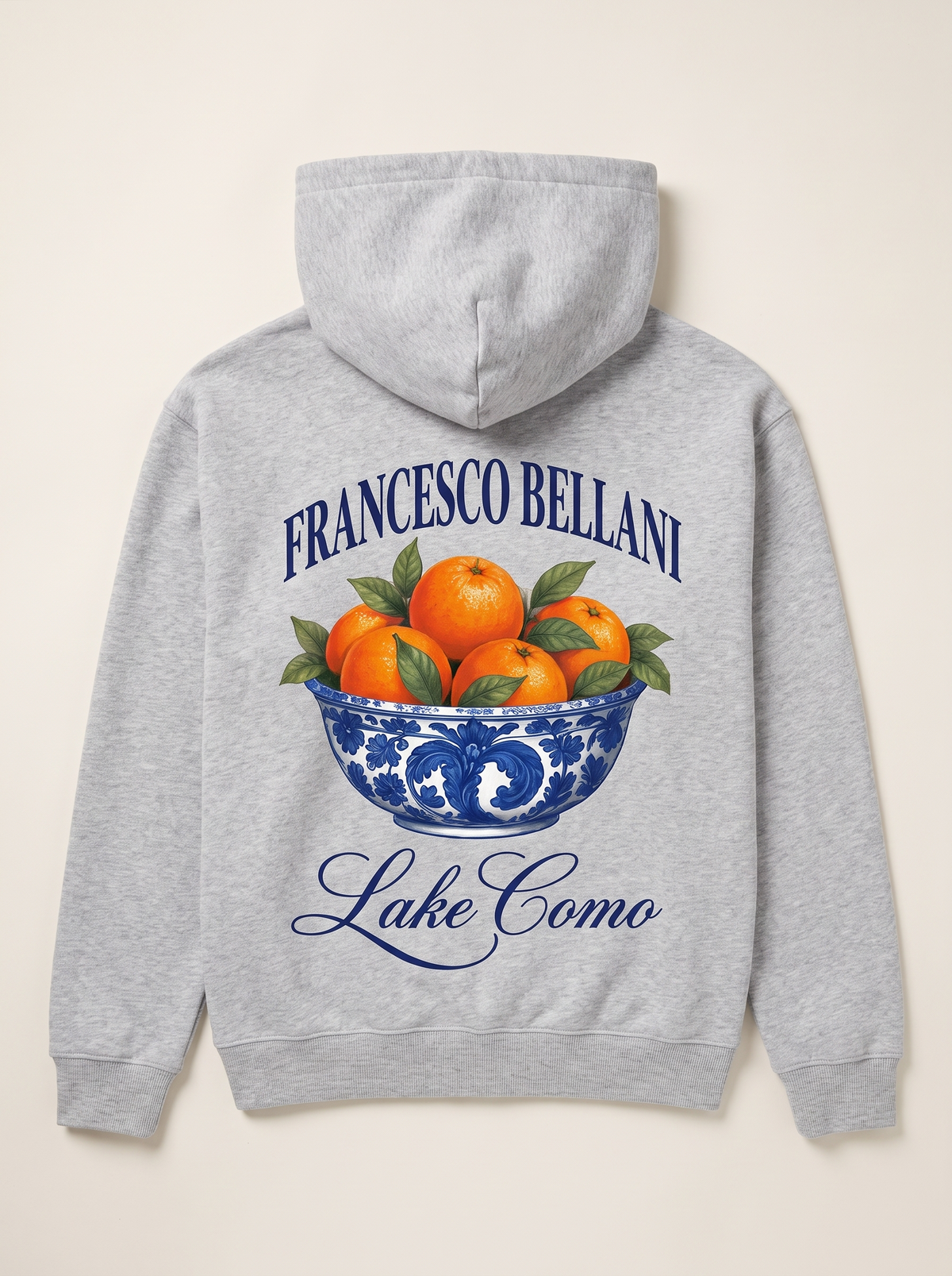 Moltrasio Printed Hoodie in grey marl, back view, showing the printed maiolica bowl of oranges
